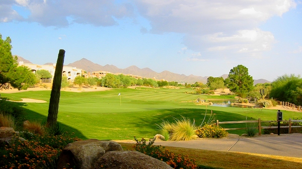 Sunny desert golf course with cacti and mountains